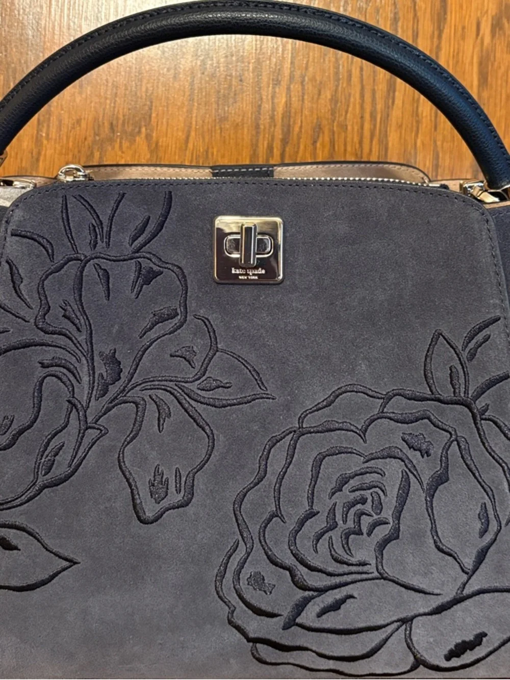 NWT-Kate Spade-Phoebe-Suede Embroidered-Medium Top Handle Bag-Blazer Blue-$459
